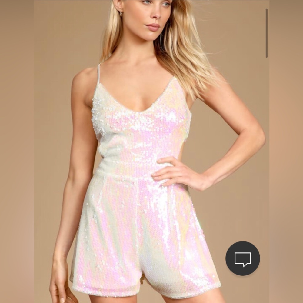 Lulus All Lit Up white iridescent sequin lace-up Romper